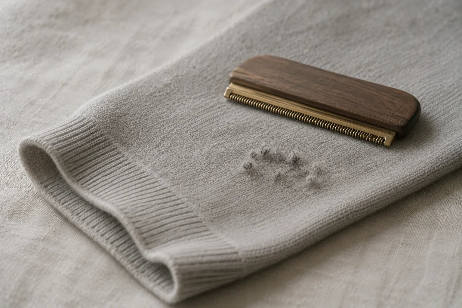 A cashmere comb resting on a soft grey cashmere knit