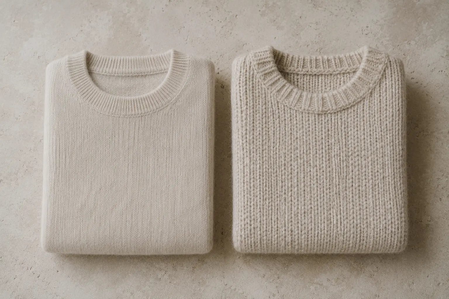 A cashmere knit and a sheep's wool knit laid side by side