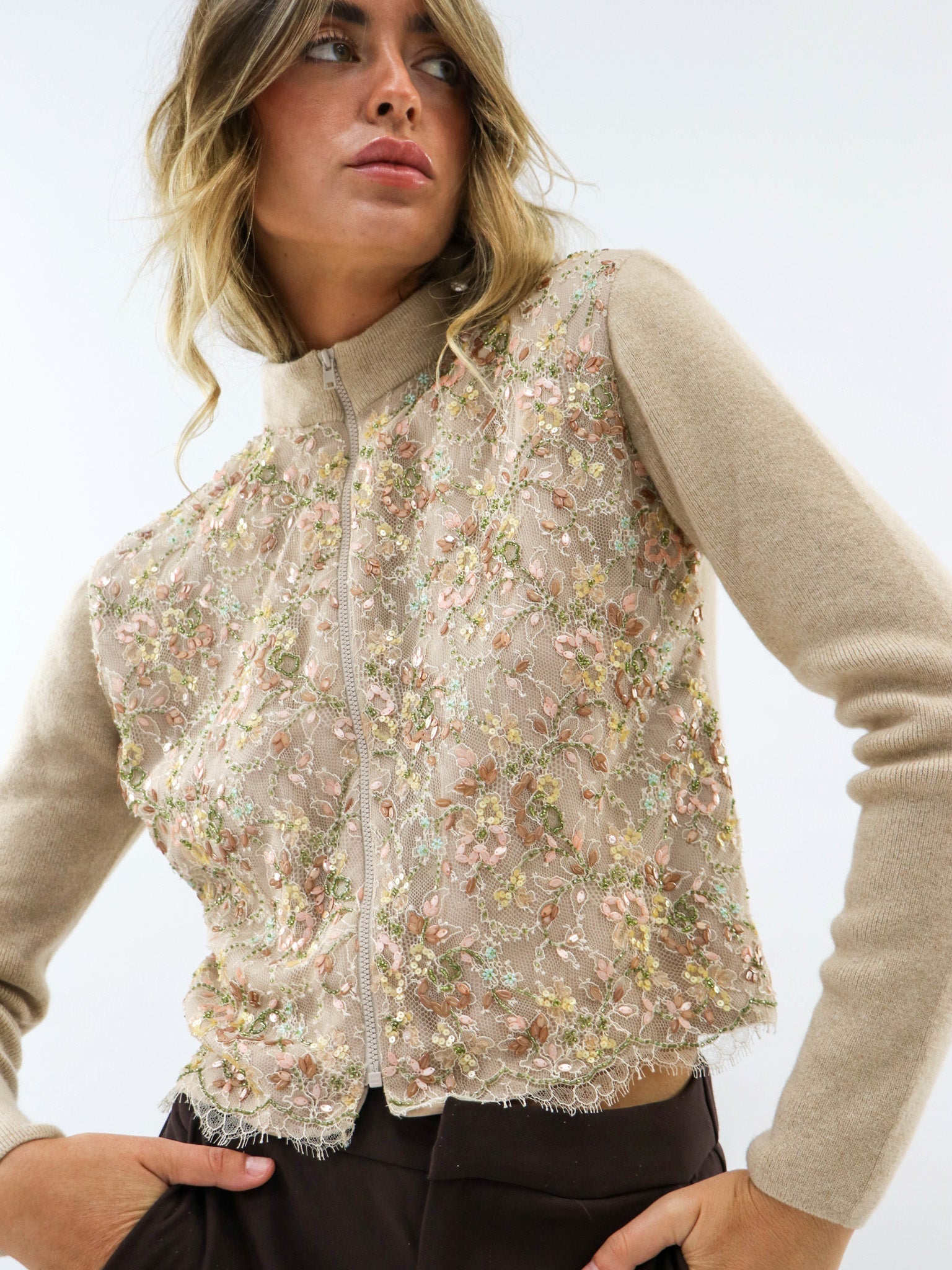 Cashmere capsule wardrobe styling, a model in a cashmere cardigan