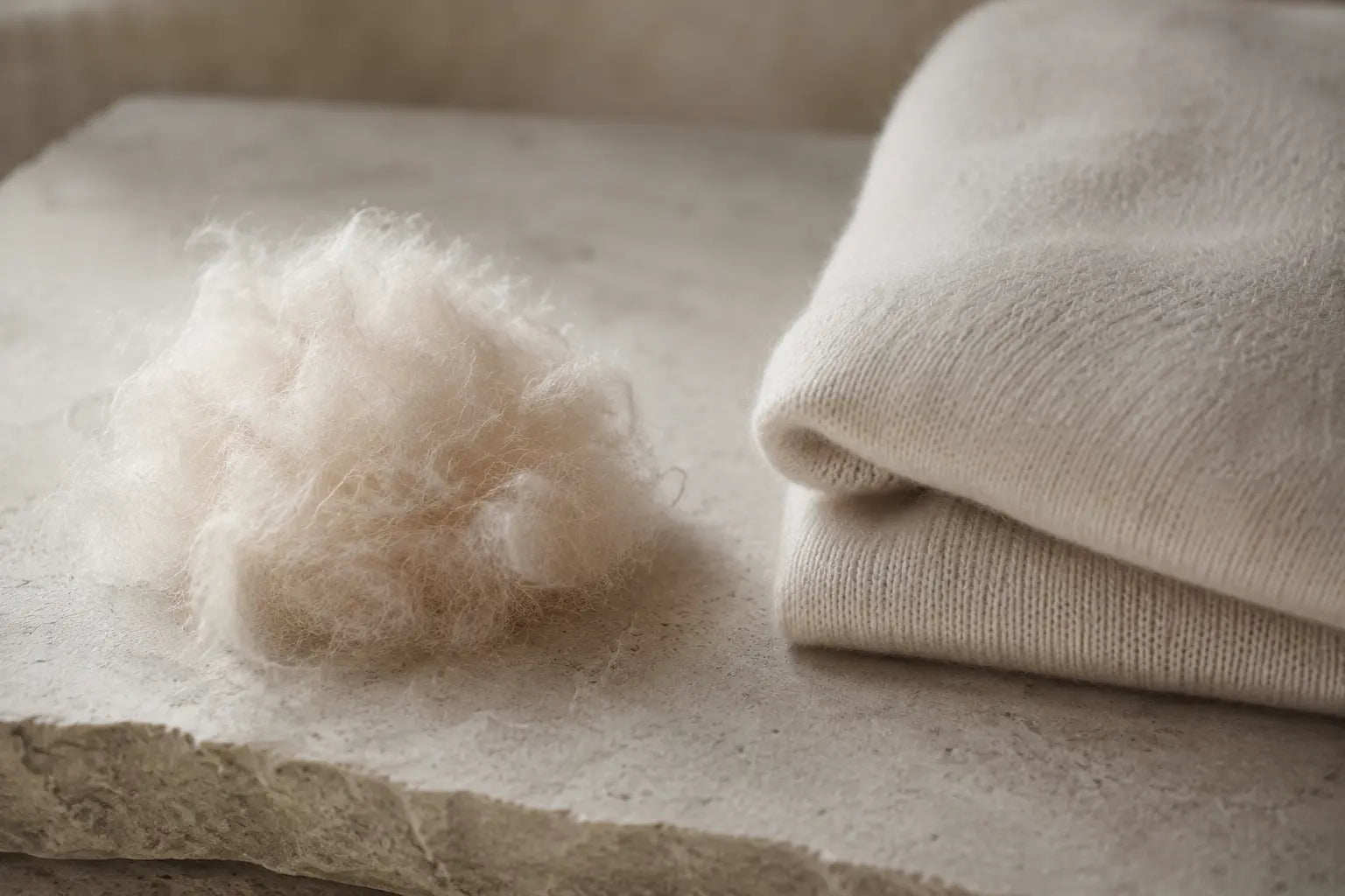 Raw combed cashmere down beside a finished cashmere knit