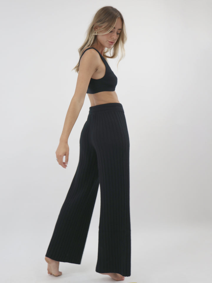 Cashmere Ribbed Wide leg pants #BLACK