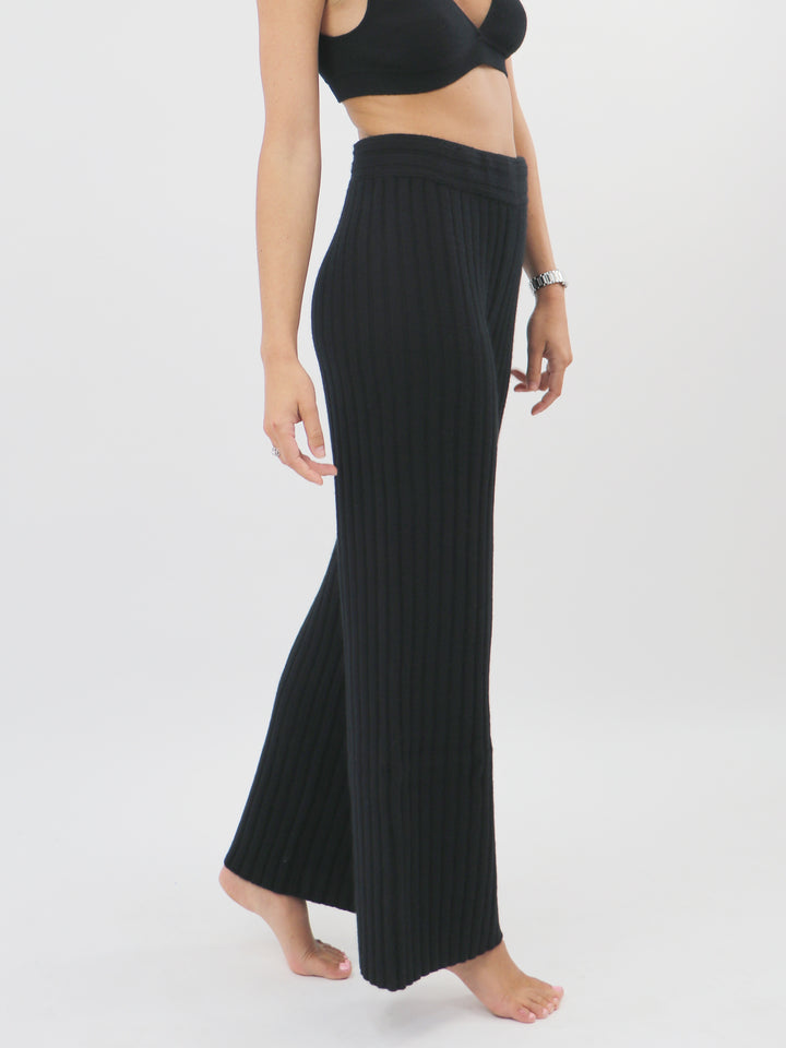 Cashmere Ribbed Wide leg pants #BLACK