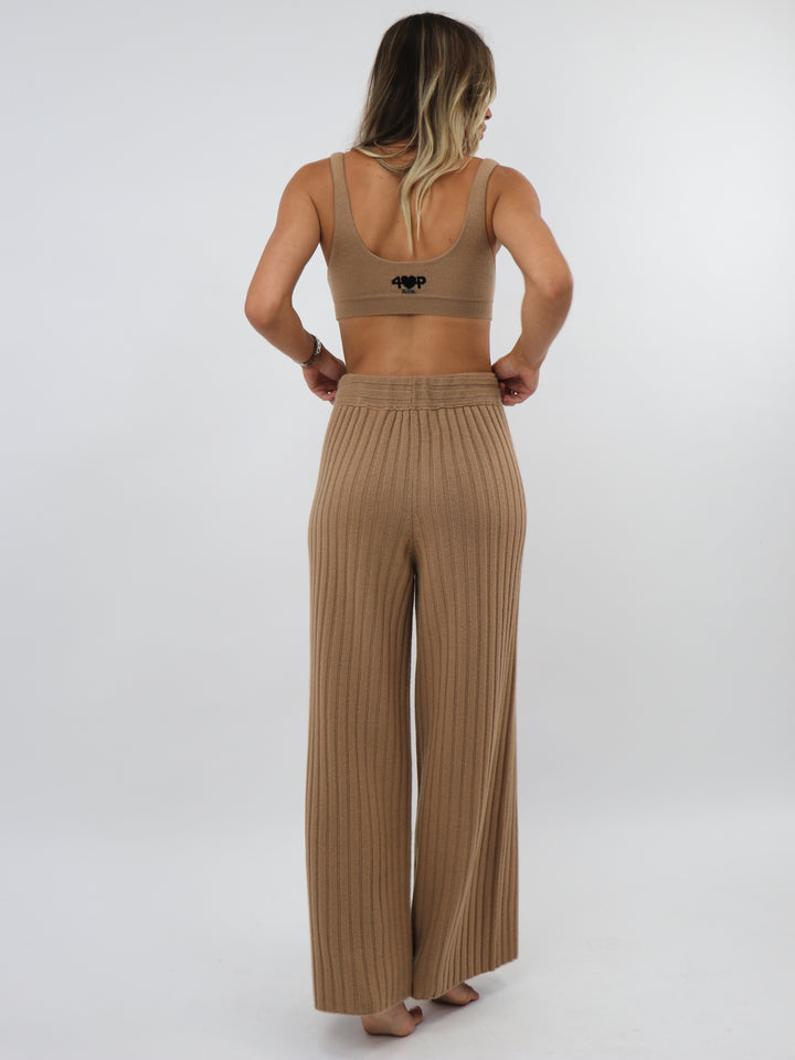 Cashmere Ribbed Wide leg pants #CAMEL