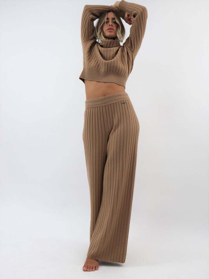 Cashmere Ribbed Wide leg pants #CAMEL