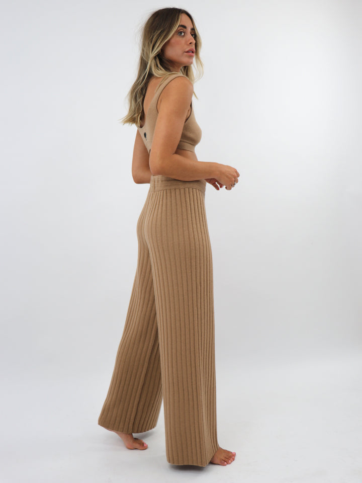 Cashmere Ribbed Wide leg pants #CAMEL
