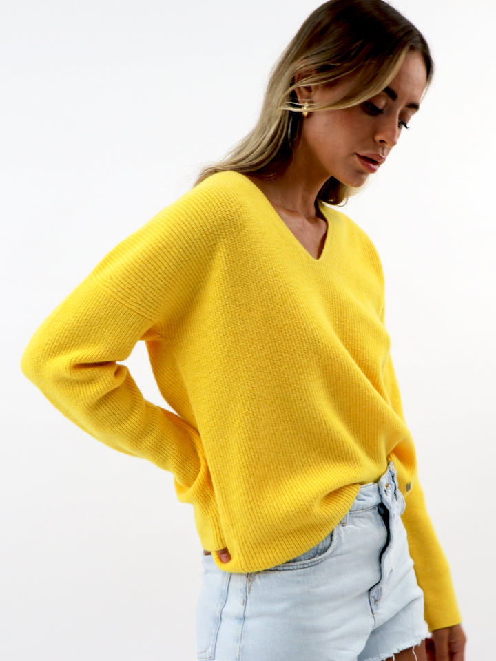 V neck fisherman knit sweater #SUNFLOWER