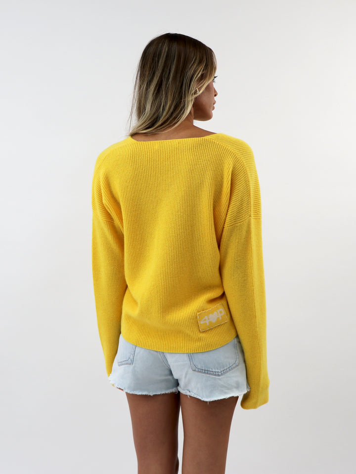 V neck fisherman knit sweater #SUNFLOWER