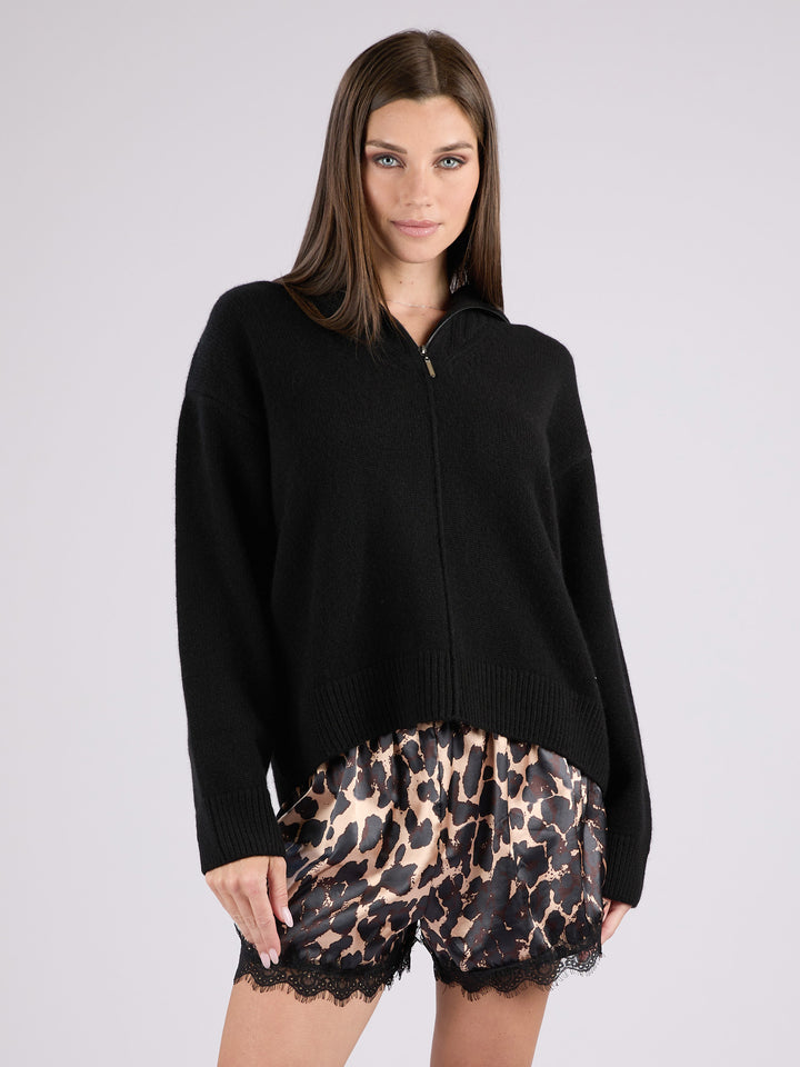 Cashmere ribbed knit half-zip sweater with a high collar #BLACK