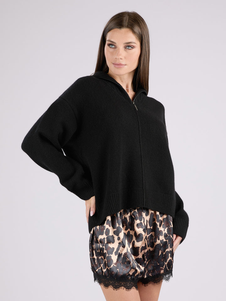 Cashmere ribbed knit half-zip sweater with a high collar #BLACK