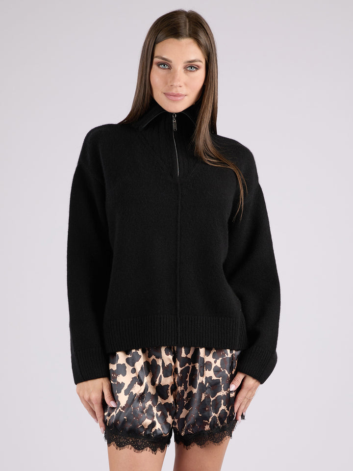 Cashmere ribbed knit half-zip sweater with a high collar #BLACK