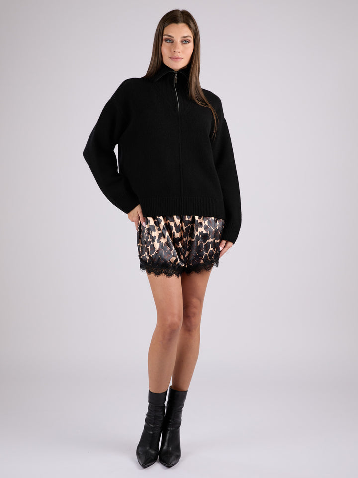 Cashmere ribbed knit half-zip sweater with a high collar #BLACK