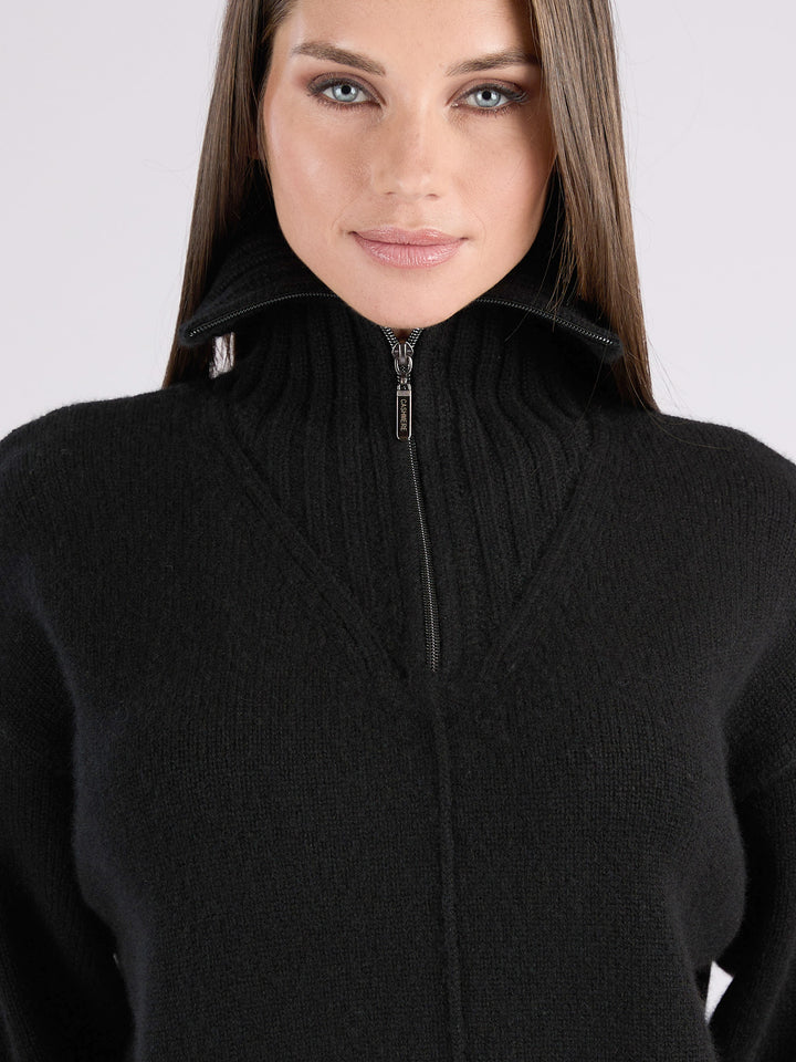 Cashmere ribbed knit half-zip sweater with a high collar #BLACK