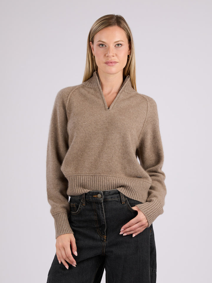 Cashmere cropped half-zip knit sweater with a ribbed mock neck, cuffs, and hem #OAT