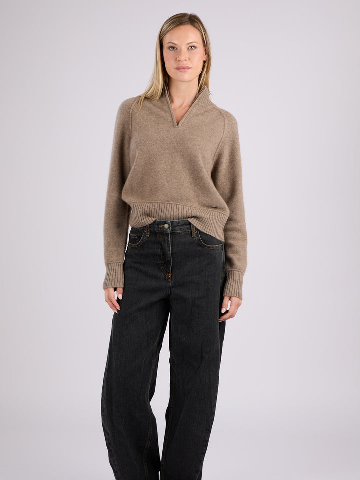 Cashmere cropped half-zip knit sweater with a ribbed mock neck, cuffs, and hem #OAT