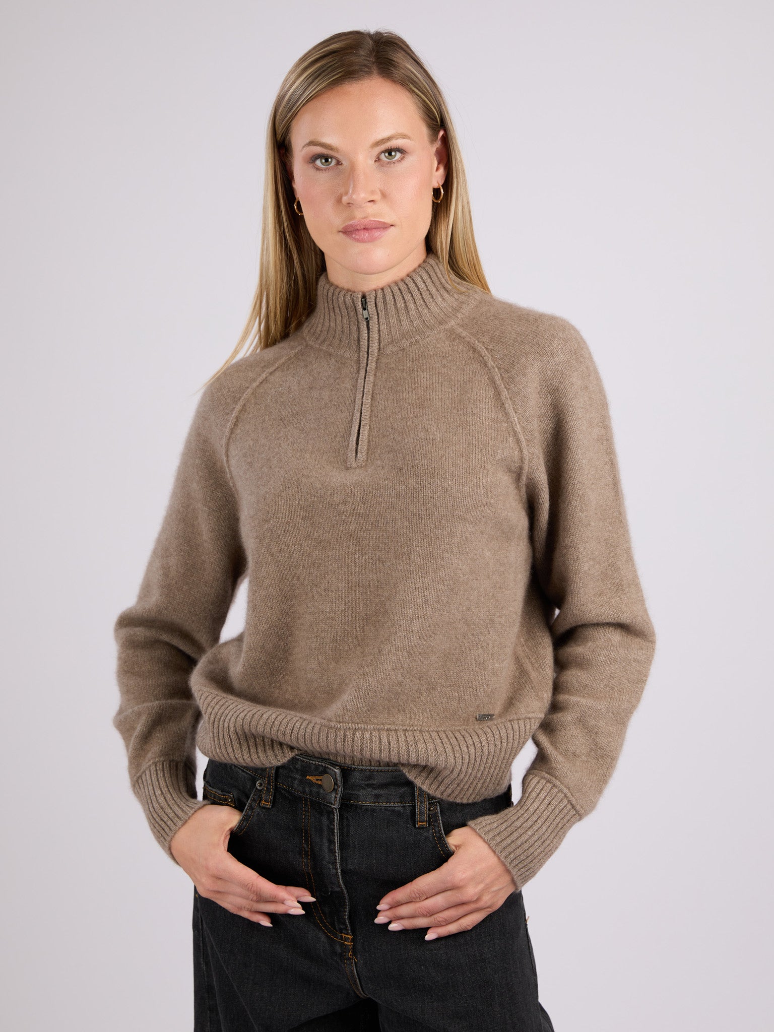 Cashmere cropped half-zip knit sweater with a ribbed mock neck, cuffs, and hem #OAT