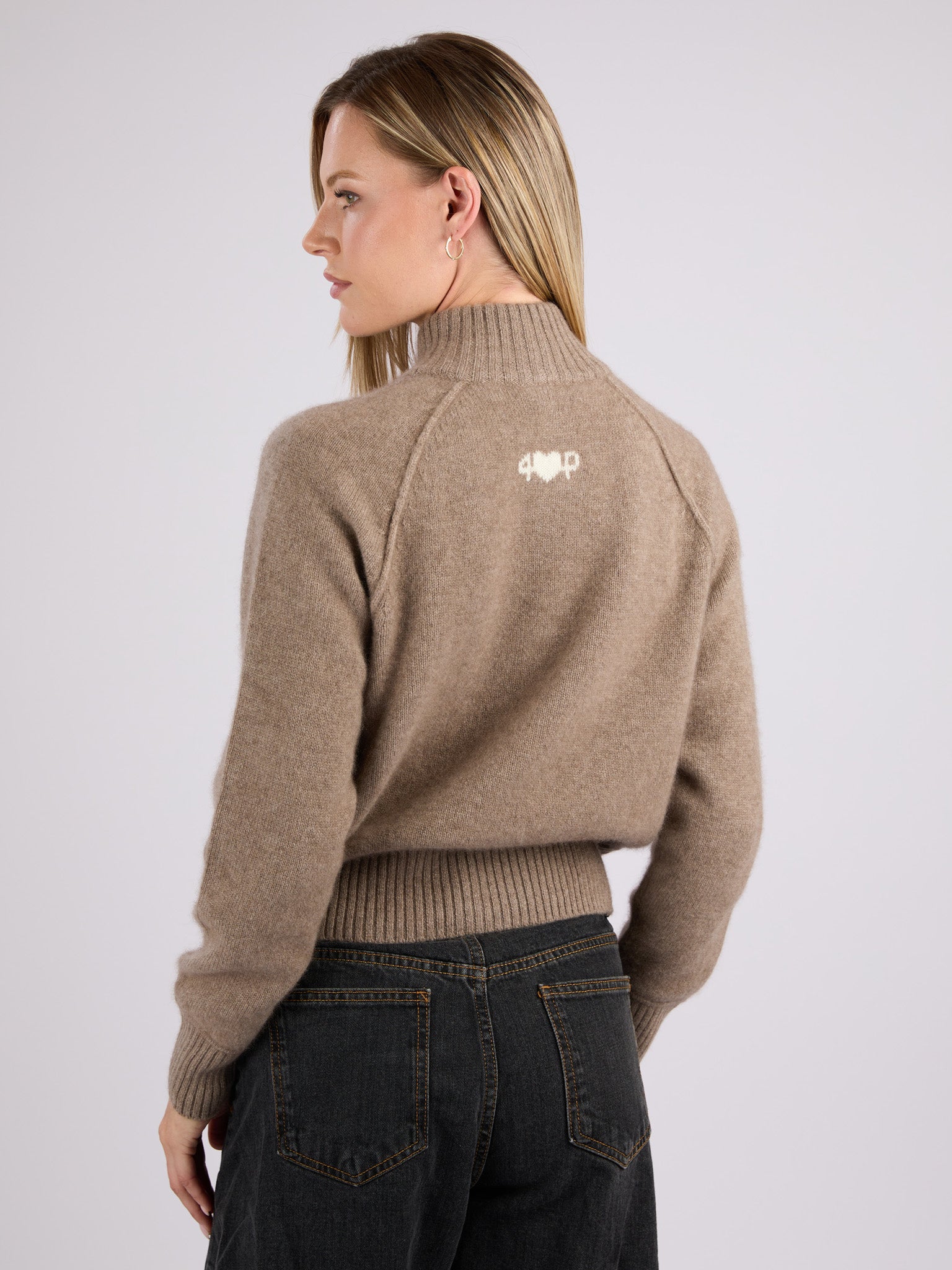 Cashmere cropped half-zip knit sweater with a ribbed mock neck, cuffs, and hem #OAT