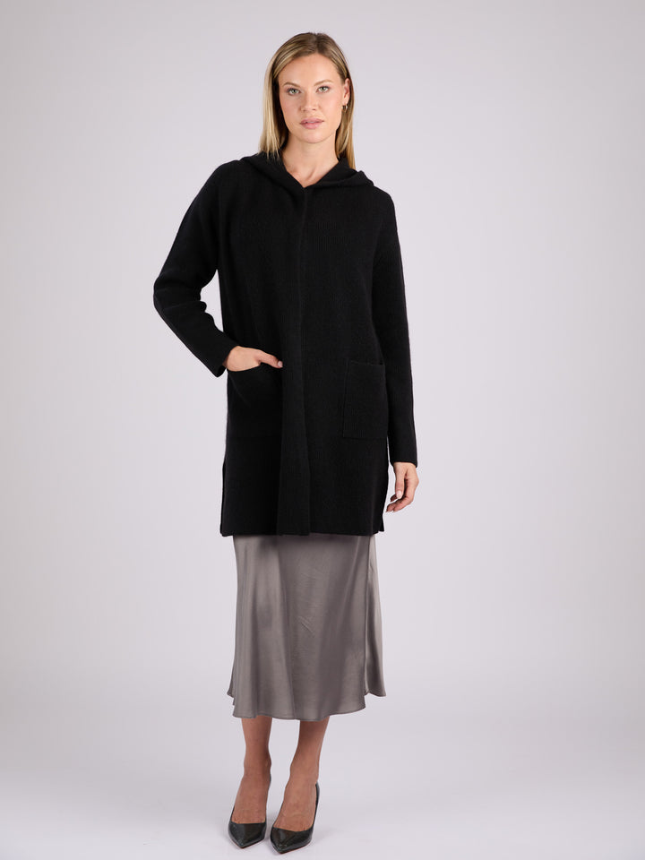 Cashmere rib knit hooded cardigan with large front patch pockets #BLACK
