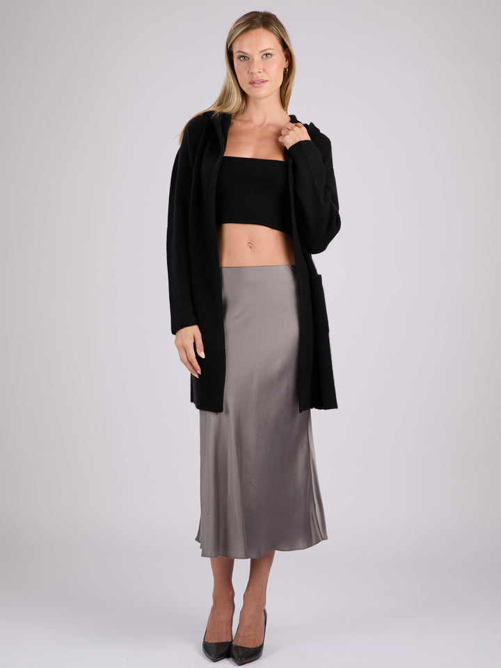 Cashmere rib knit hooded cardigan with large front patch pockets #BLACK
