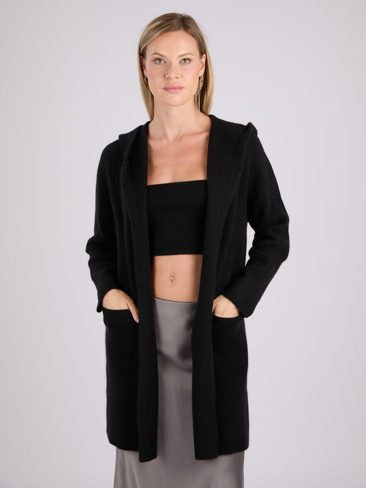 Cashmere rib knit hooded cardigan with large front patch pockets #BLACK