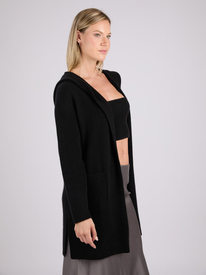 Cashmere rib knit hooded cardigan with large front patch pockets #BLACK