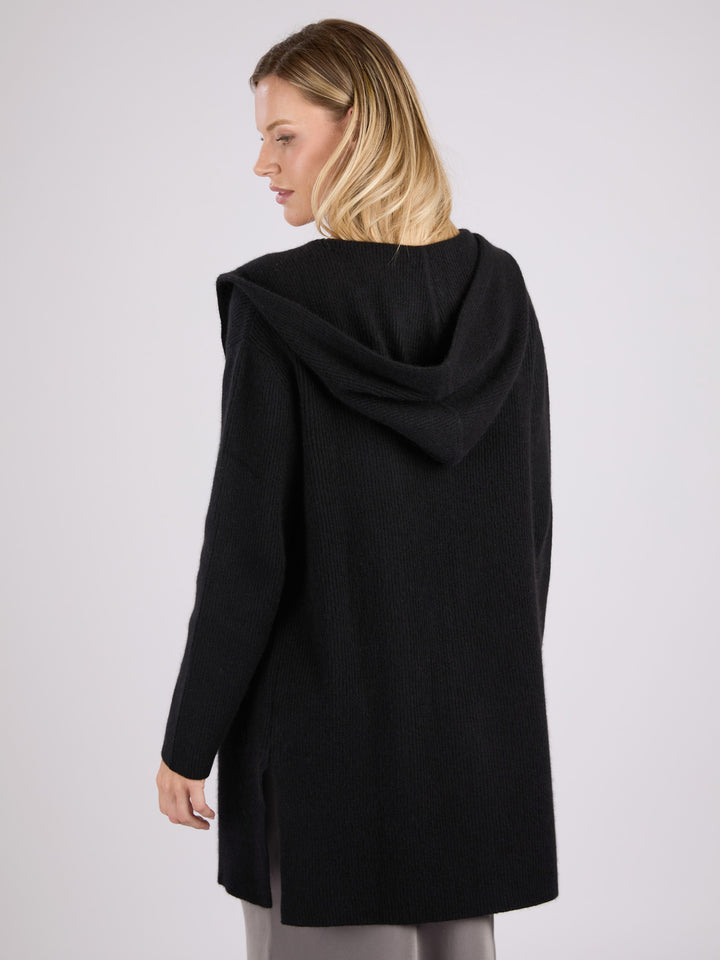 Cashmere rib knit hooded cardigan with large front patch pockets #BLACK