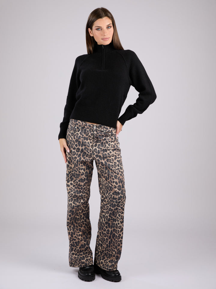 Cashmere cropped half-zip knit sweater with a ribbed mock neck, cuffs, and hem #BLACK