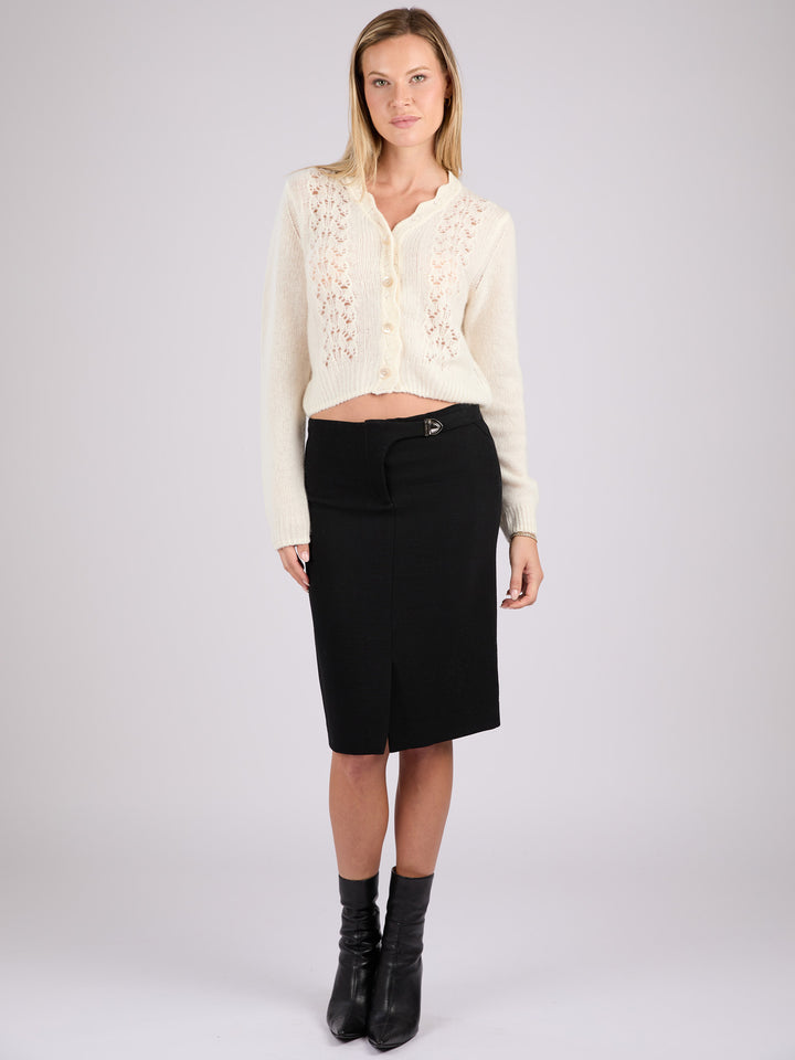 Cashmere long-sleeve knit cardigan with a button-up front and delicate lace-like knit patterns #PEARL
