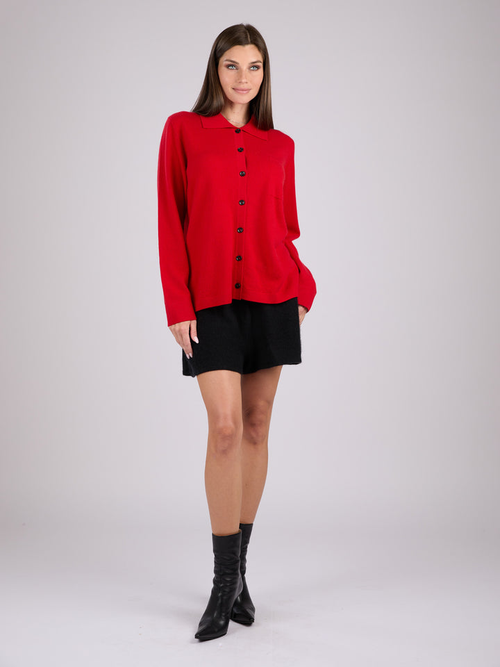 Cashmere button-up shirt with patch pocket and collar #RED