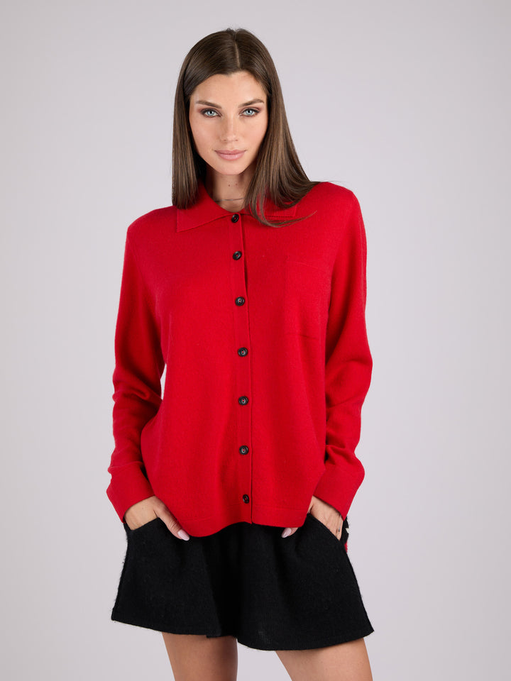 Cashmere button-up shirt with patch pocket and collar #RED