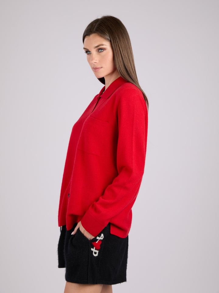 Cashmere button-up shirt with patch pocket and collar #RED