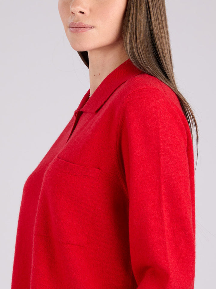 Cashmere button-up shirt with patch pocket and collar #RED