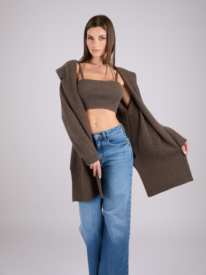 Cashmere rib knit dark brown hooded cardigan with large front patch pockets #SABLE
