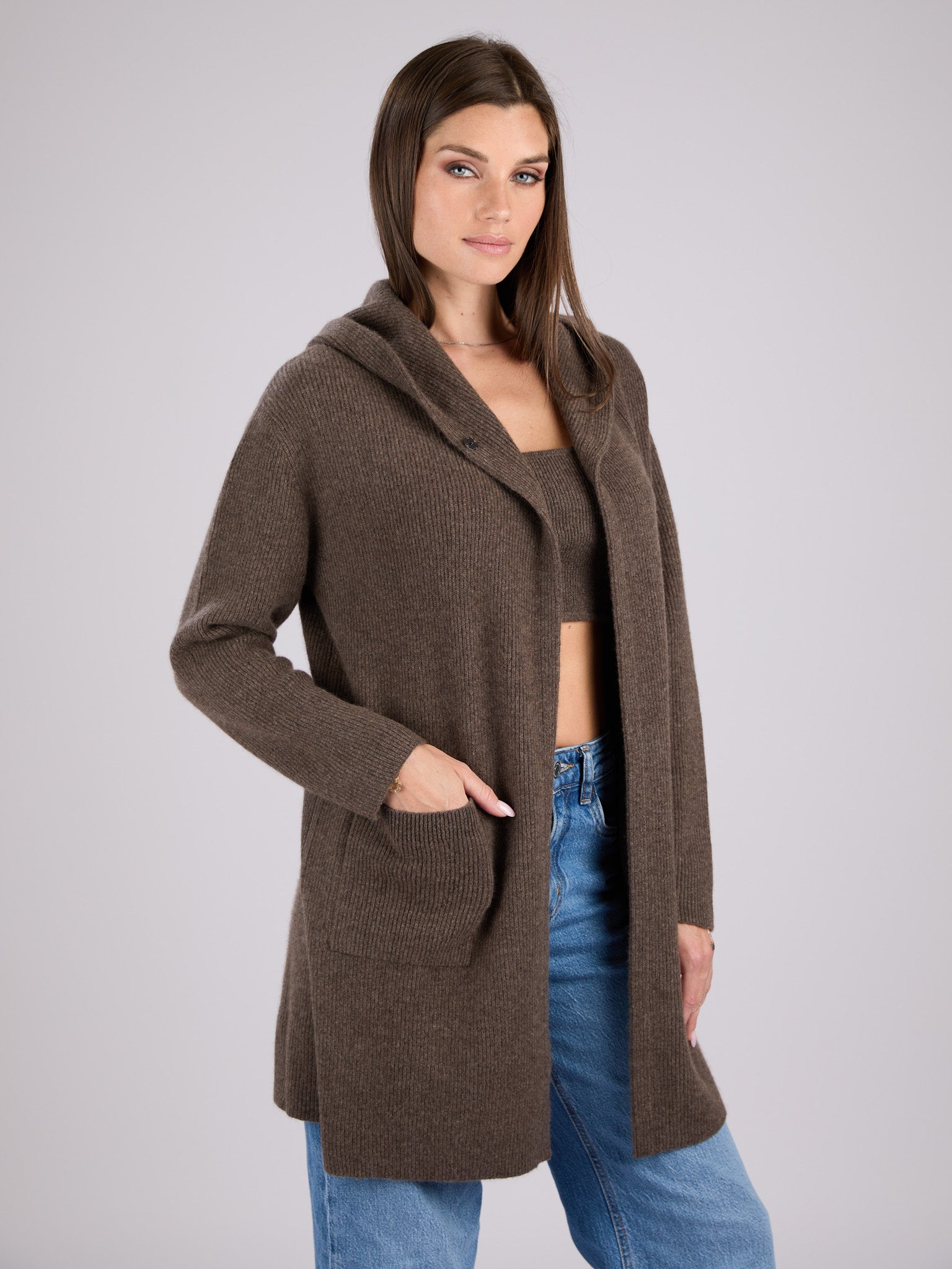 Cashmere rib knit dark brown hooded cardigan with large front patch pockets #SABLE