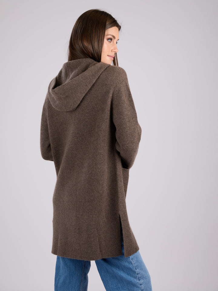 Cashmere rib knit dark brown hooded cardigan with large front patch pockets #SABLE