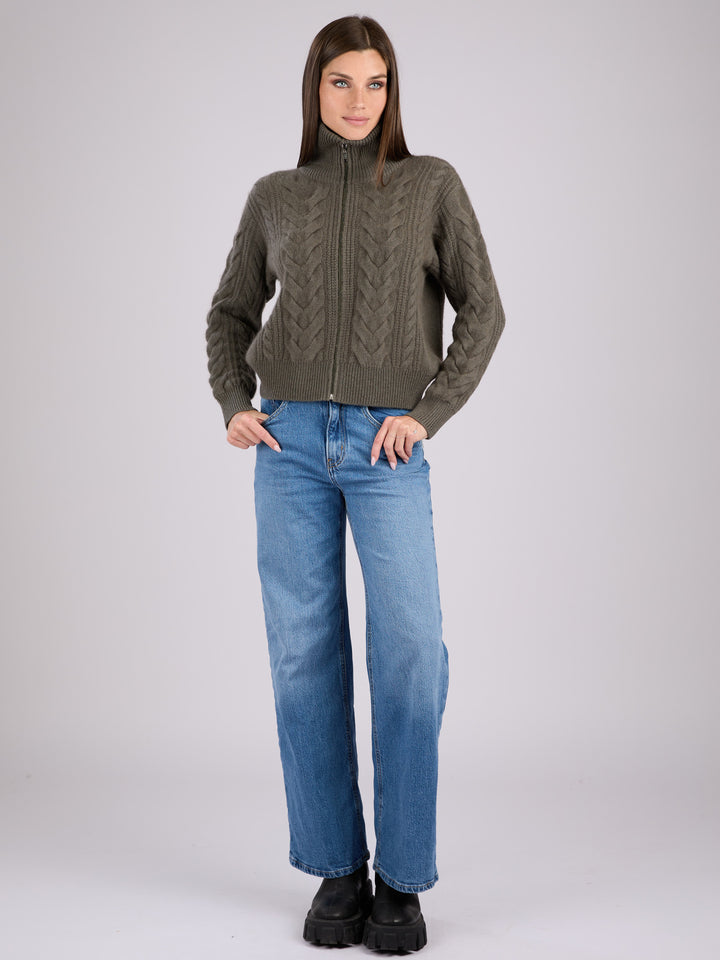 Cashmere cable-knit zip-up sweater with a mock neck collar #MOSS