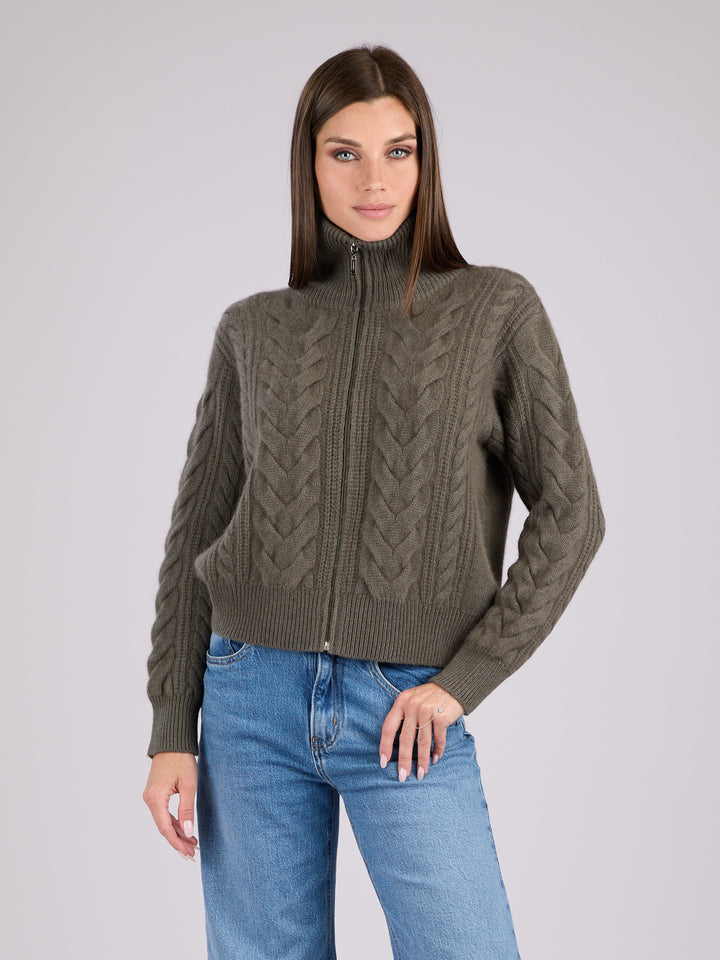 Cashmere cable-knit zip-up sweater with a mock neck collar #MOSS