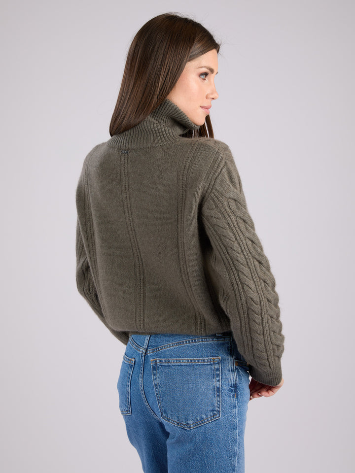 Cashmere cable-knit zip-up sweater with a mock neck collar #MOSS