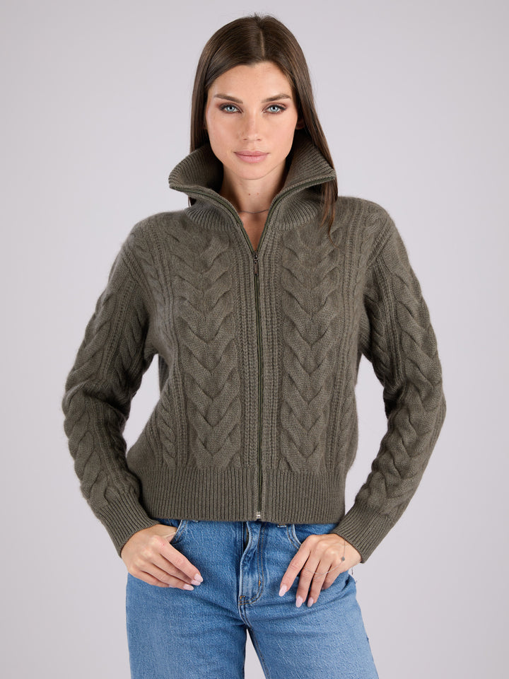 Cashmere cable-knit zip-up sweater with a mock neck collar #MOSS