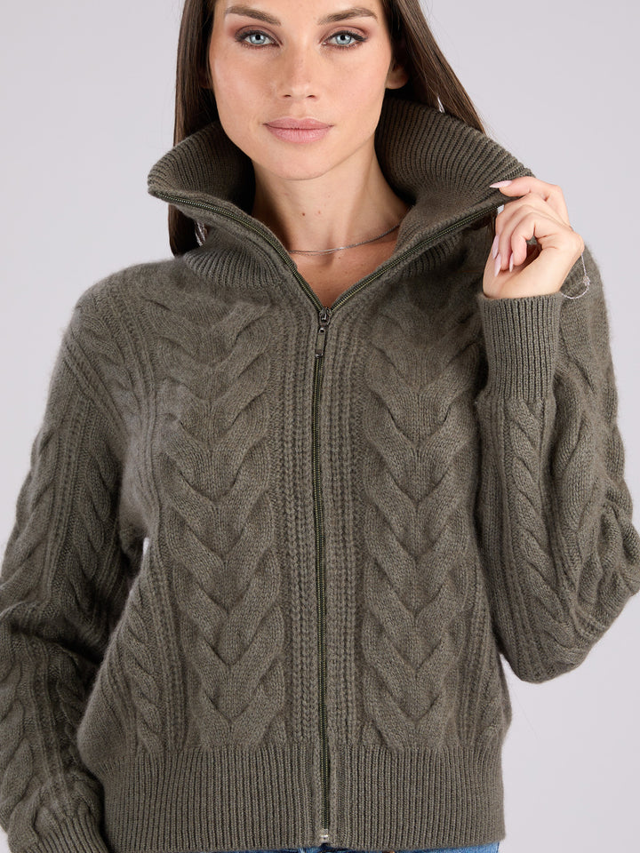 Cashmere cable-knit zip-up sweater with a mock neck collar #MOSS