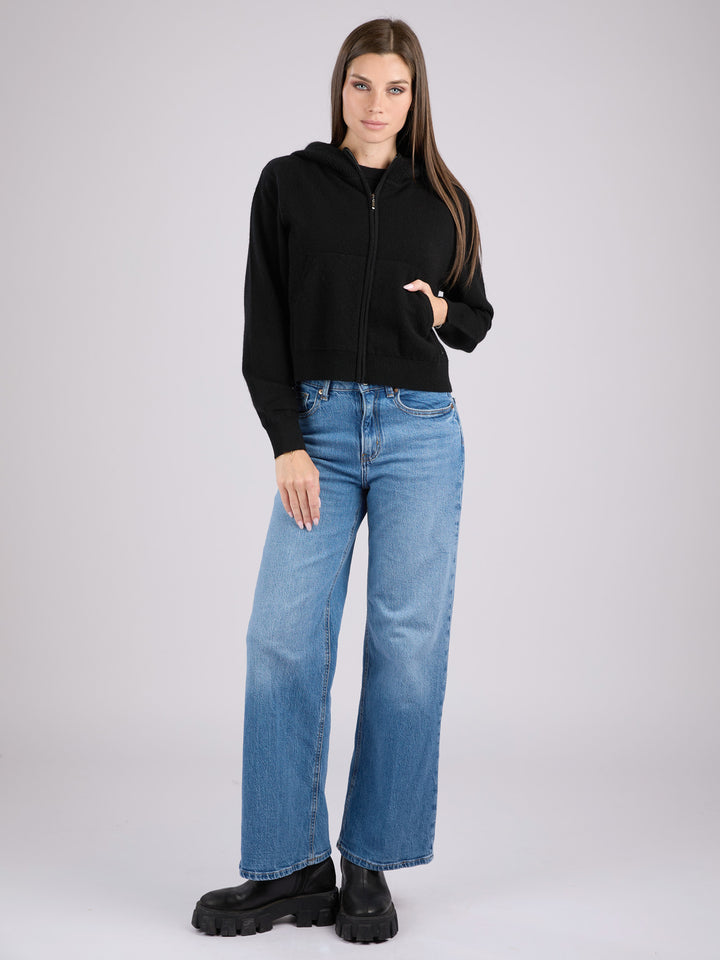Cashmere cropped zip-up hoodie with pockets and a hood #BLACK