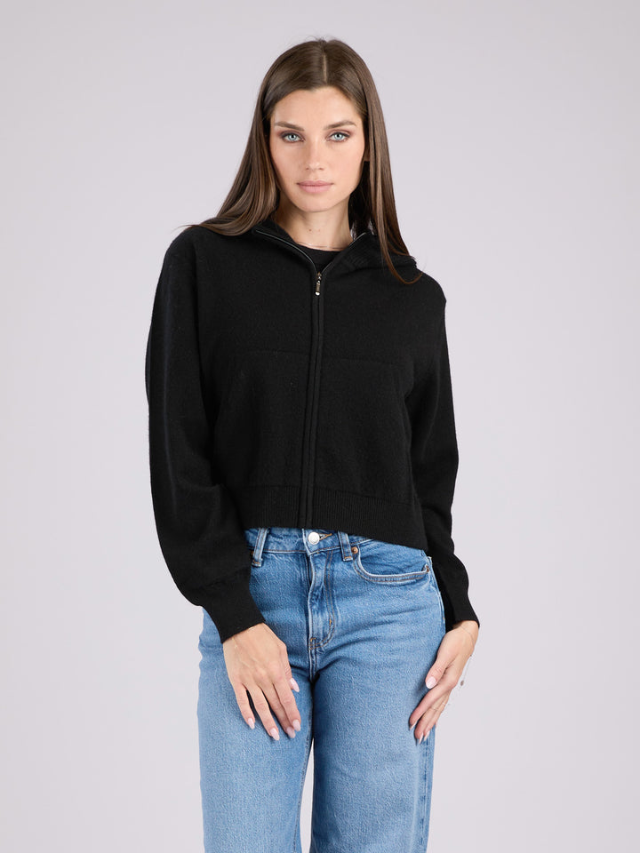 Cashmere cropped zip-up hoodie with pockets and a hood #BLACK