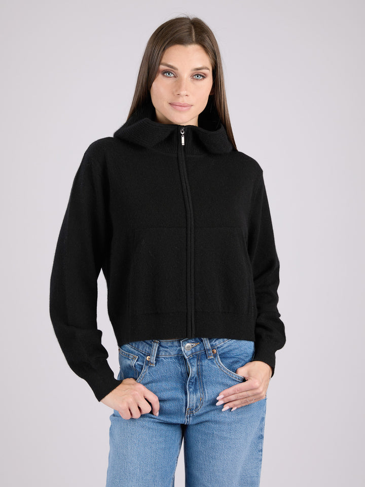 Cashmere cropped zip-up hoodie with pockets and a hood #BLACK