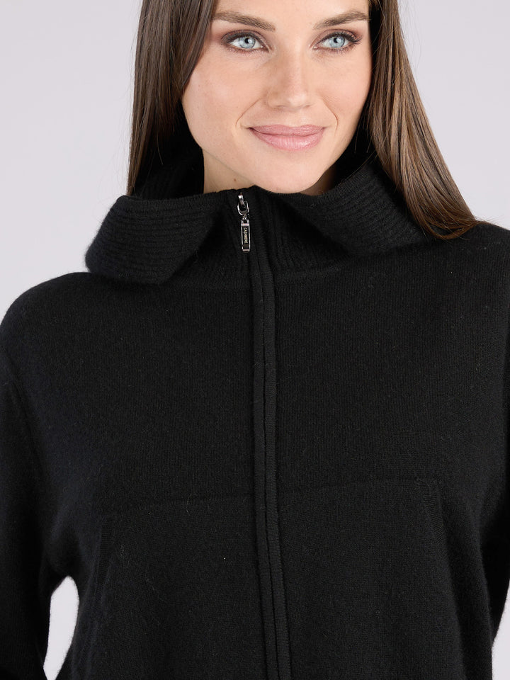 Cashmere cropped zip-up hoodie with pockets and a hood #BLACK