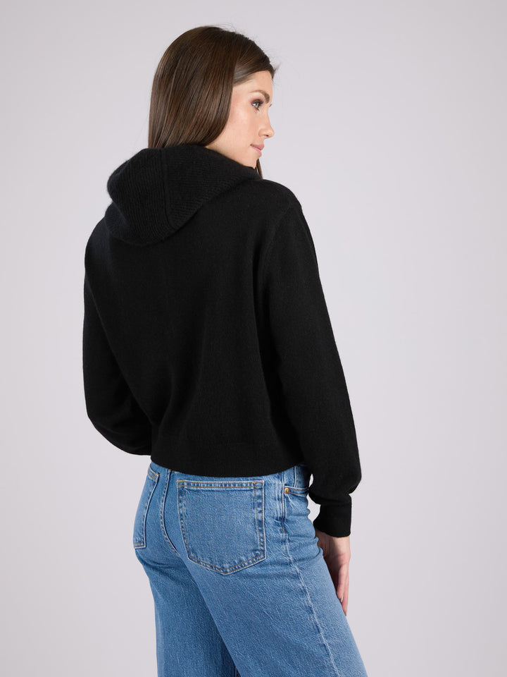 Cashmere cropped zip-up hoodie with pockets and a hood #BLACK