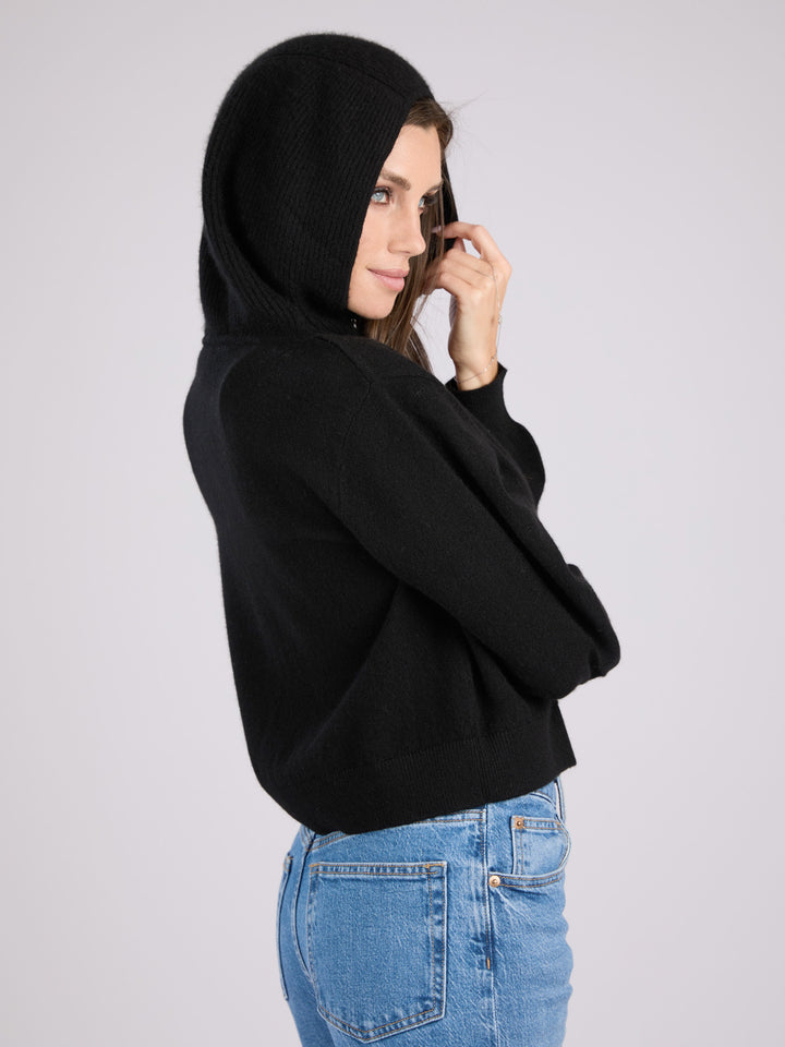Cashmere cropped zip-up hoodie with pockets and a hood #BLACK