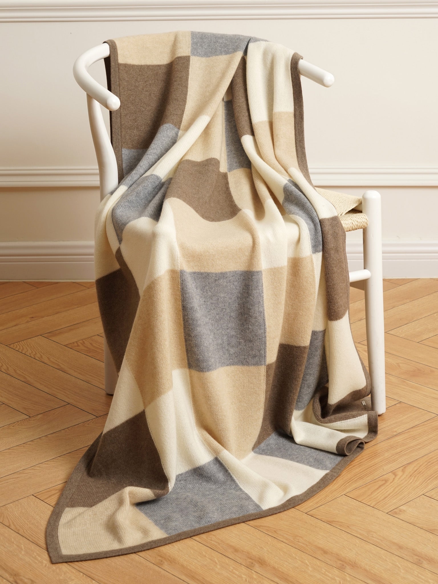 A large cashmere throw blanket with a block pattern in pearl, oat, fawn, and gray #MULTICOLOR