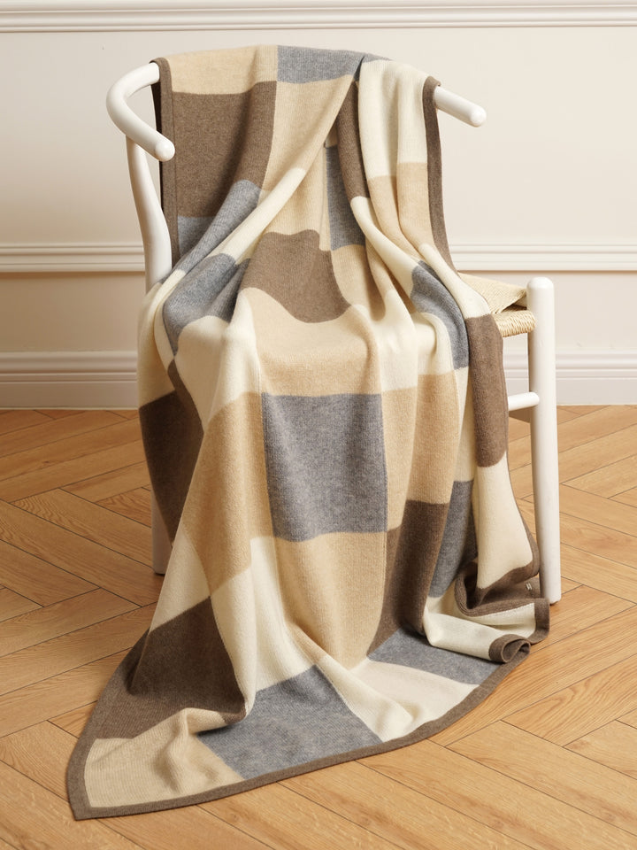 A large cashmere throw blanket with a block pattern in pearl, oat, fawn, and gray #MULTICOLOR