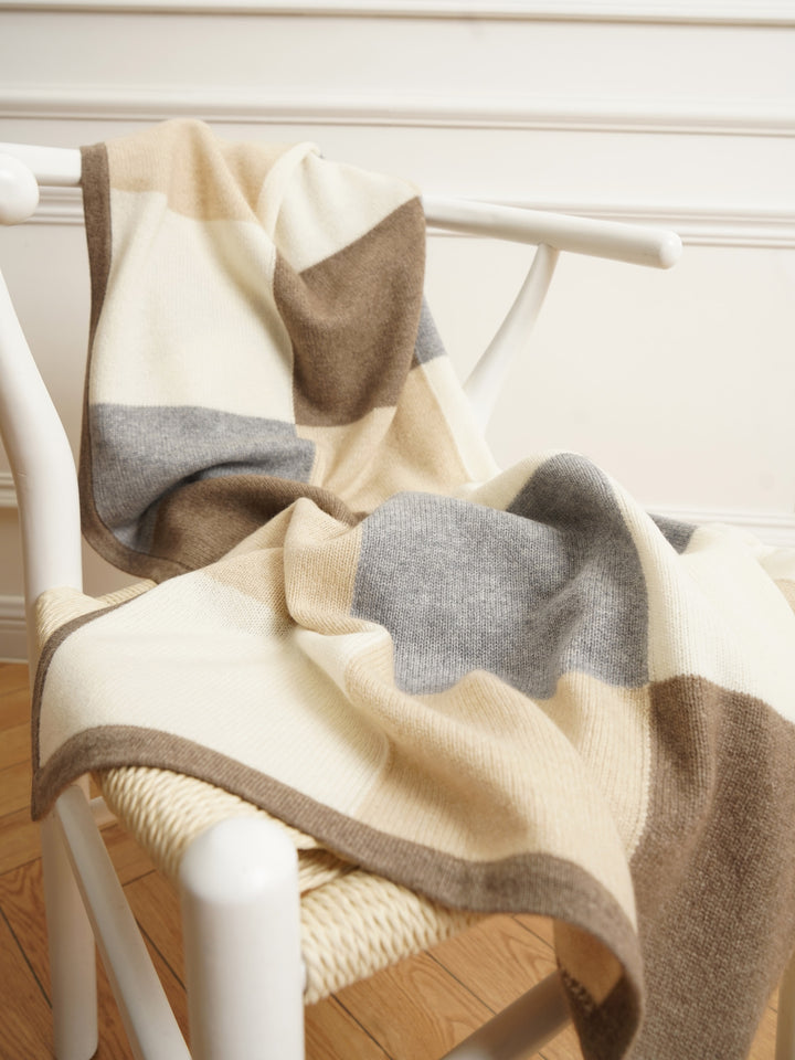 A large cashmere throw blanket with a block pattern in pearl, oat, fawn, and gray #MULTICOLOR