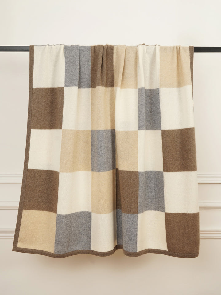 A large cashmere throw blanket with a block pattern in pearl, oat, fawn, and gray #MULTICOLOR