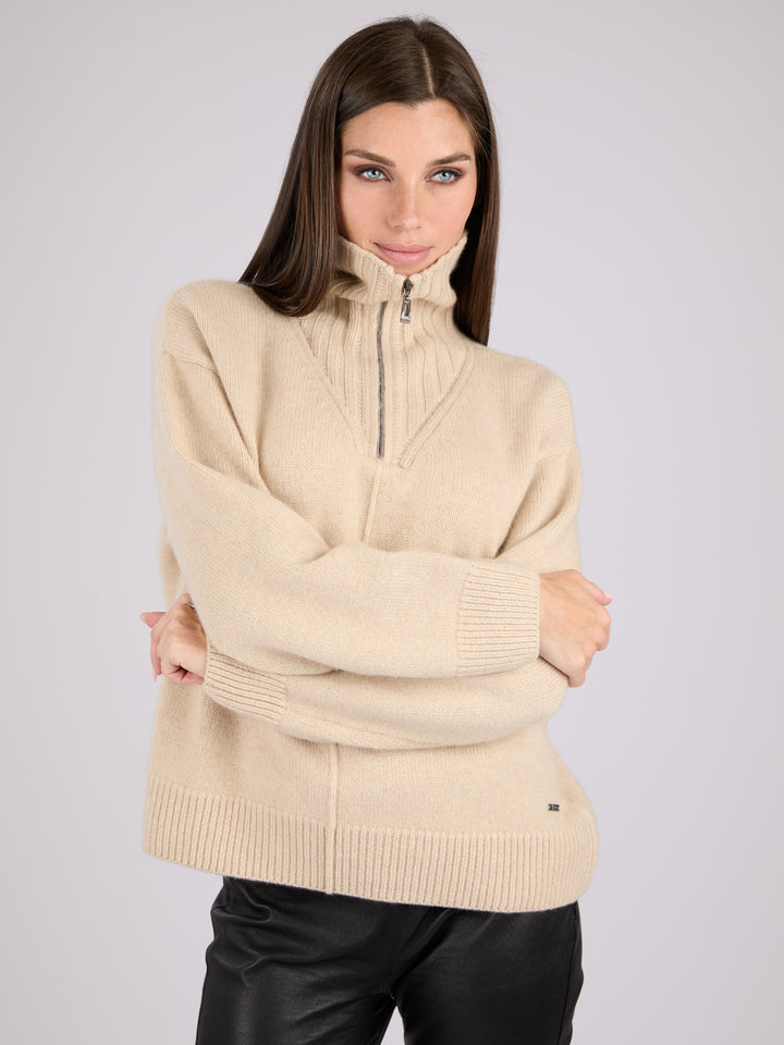 Cashmere ribbed knit half-zip sweater with a high collar #OAT